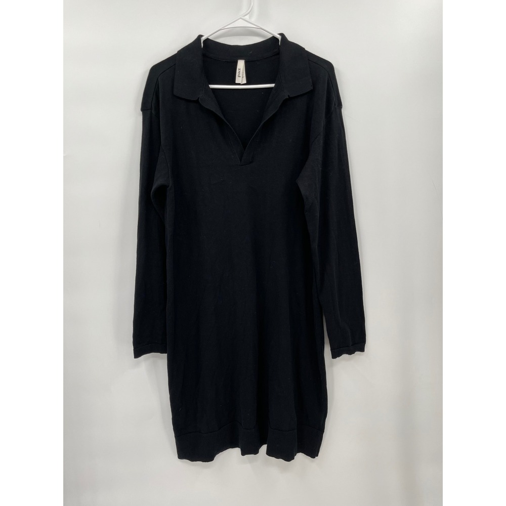 Pact Large Sweater Dress Womens Black Organic Cotton Long Sleeve Polo V-Neck